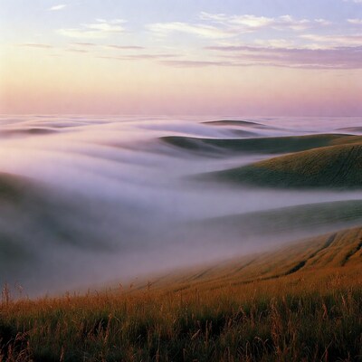 Foggy rolling hills at sunset