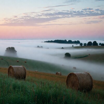 Hay bales in misty rolling hills
