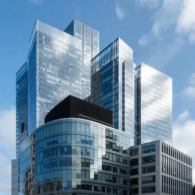 Modern glass skyscrapers against blue sky