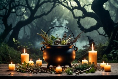 Witch Cauldron with Herbs and Candles