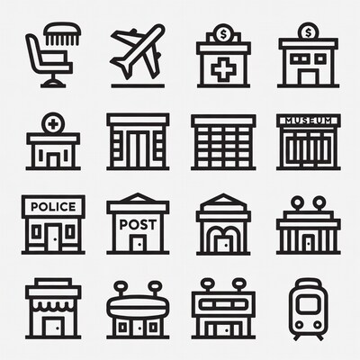 Line Icons of Buildings and Vehicles