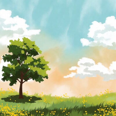 Tree in grassy field with flowers