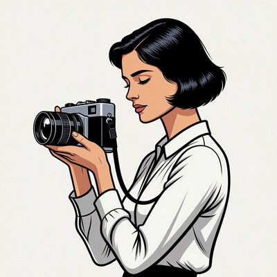 Woman holding vintage camera illustration