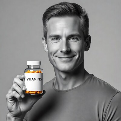 Man holding vitamins bottle