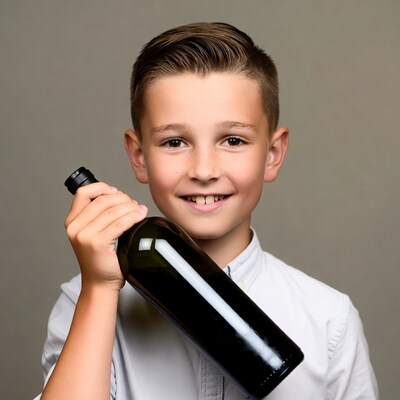 Boy holding wine bottle