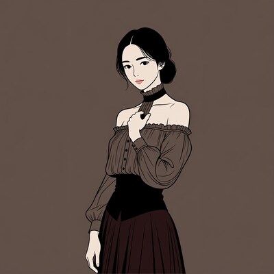 Asian woman in Victorian off-shoulder dress
