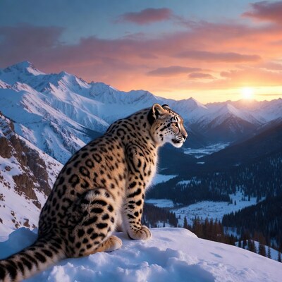 Snow Leopard on Snowy Mountain Peak