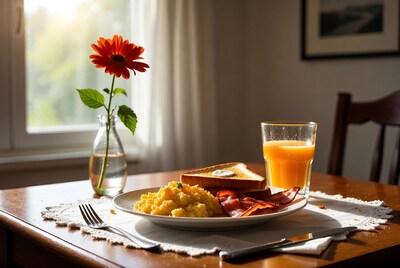 Breakfast Plate with Eggs Bacon Toast Orange Juice