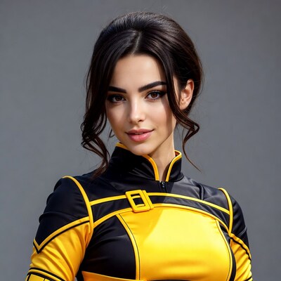 Woman in yellow black shiny catsuit