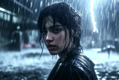 Asian woman in rain under bridge