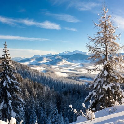 Snowy Pine Trees Over Winter Mountains