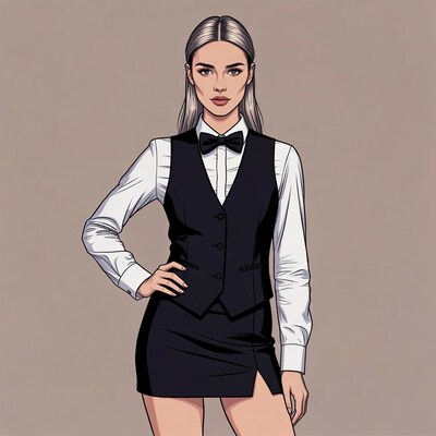 Woman in black vest and bowtie