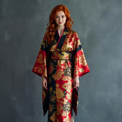 Redhead woman in red kimono