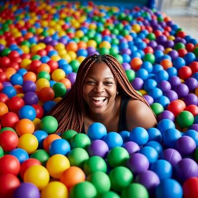 African-American woman smiling in ball pit
