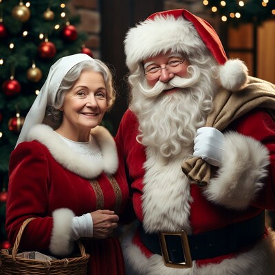 Santa Claus and Mrs Claus with Christmas tree