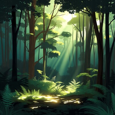Sunlit Forest with Ferns and Stream