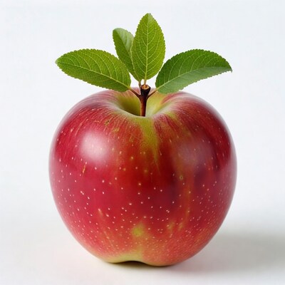 Red apple with green leaves