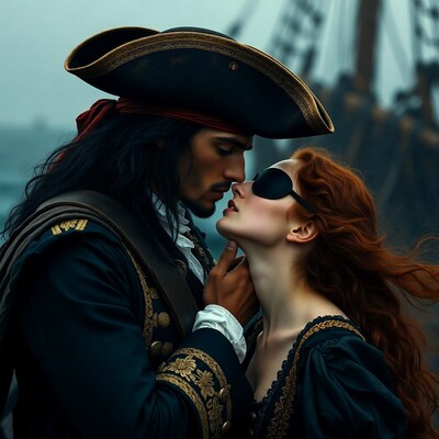 Pirate man kissing redhead woman