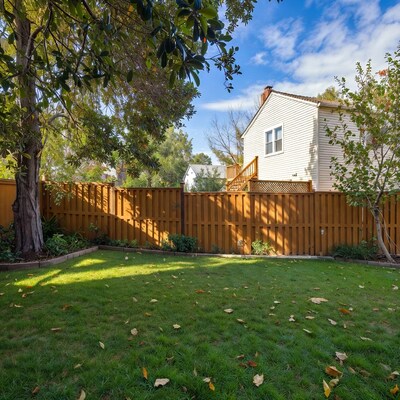 Backyard with white house and wooden fence