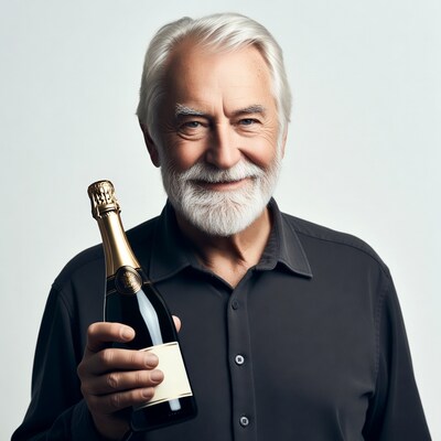 Elderly man holding champagne bottle