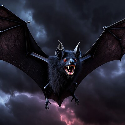 Roaring Bat Flying in Stormy Sky