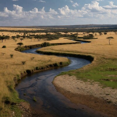 Winding river in African savanna