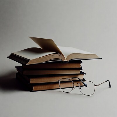 Stack of open books with glasses
