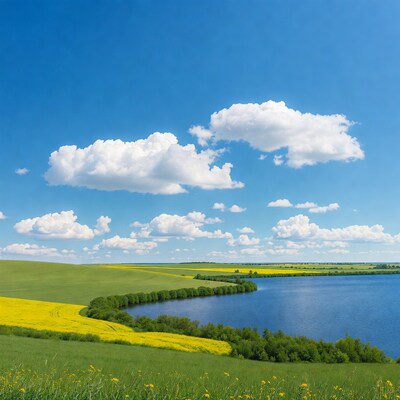 Yellow Rapeseed Fields and Blue Lake