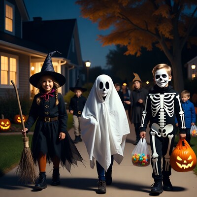 Kids trick-or-treating in costumes at night