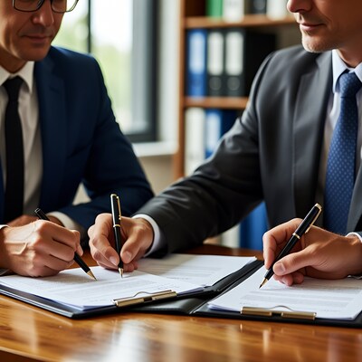 Two businessmen signing contract