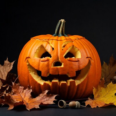 Jack-o-lantern with autumn leaves