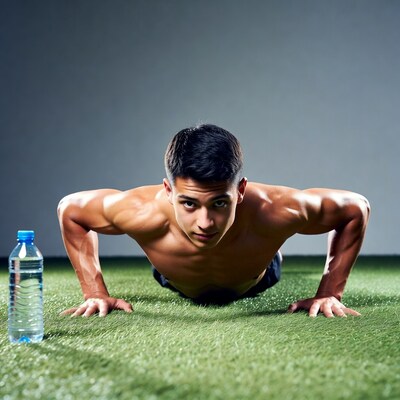 Muscular man doing pushups on turf