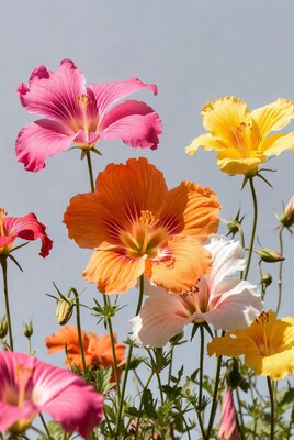 Colorful Hibiscus Flowers on Gray Background
