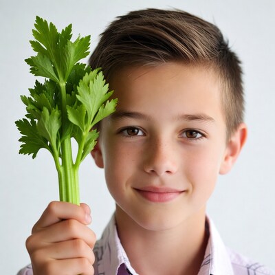 Boy holding celery stalk