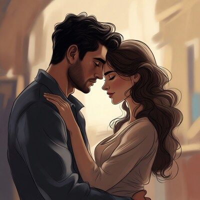 Romantic couple foreheads touching illustration
