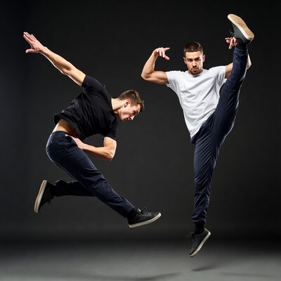 Two men performing dynamic dance jumps