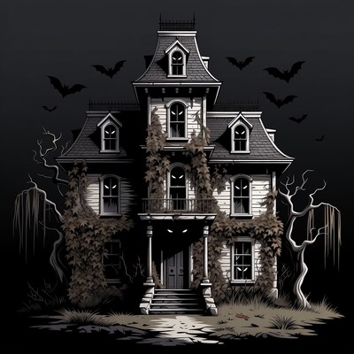 Haunted House with Bats Illustration