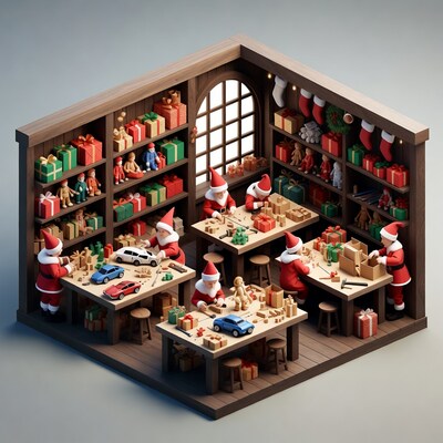 Santa Clauses Building Toys in Workshop