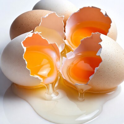 Broken Eggs with Yolks on White Background