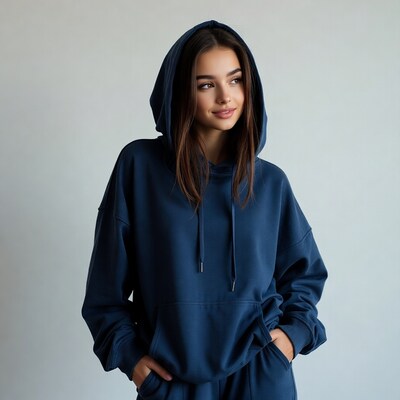 Woman in navy blue hoodie smiling