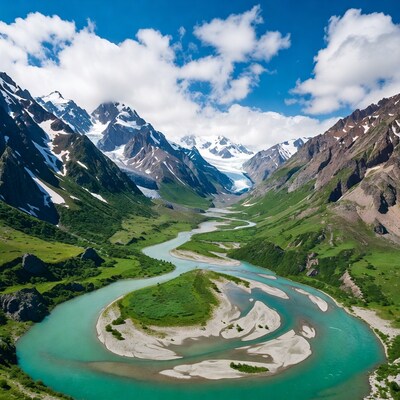 Turquoise River Winding Through Snowy Mountains