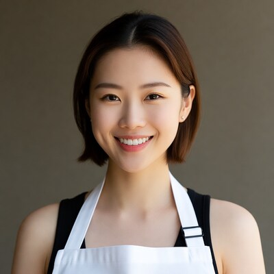 Asian woman smiling in white apron