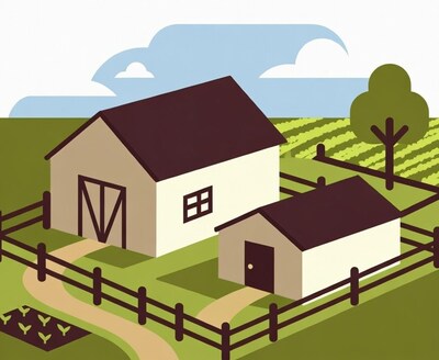 Farmhouse Barn Illustration with Vineyard