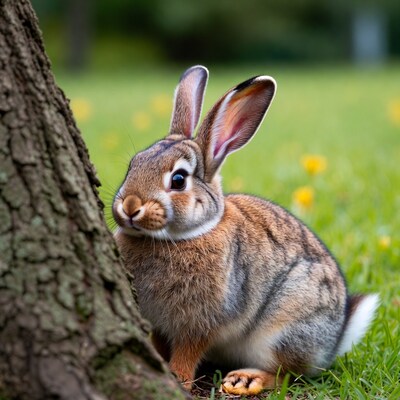 Rabbit beside tree in grass