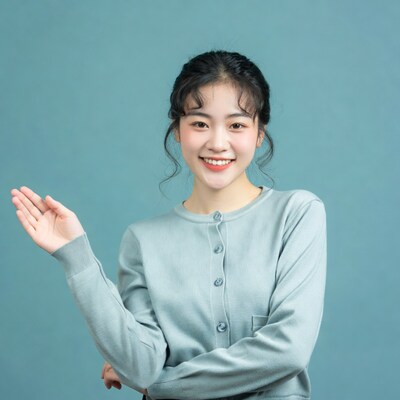 Asian woman pointing with hand