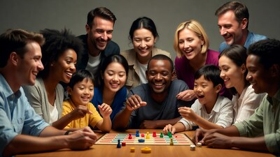 Diverse group playing Ludo board game
