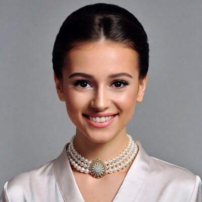 Smiling woman with pearl necklace