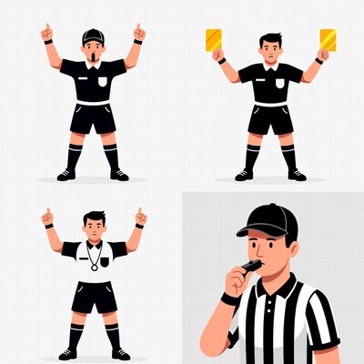 Soccer referee illustrations with cards and whistle