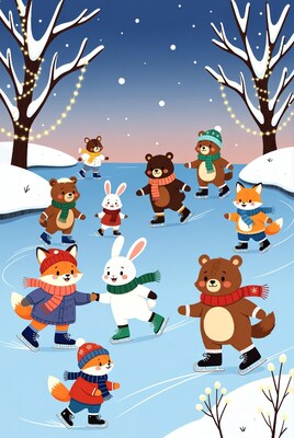 Cartoon Animals Ice Skating Winter Night