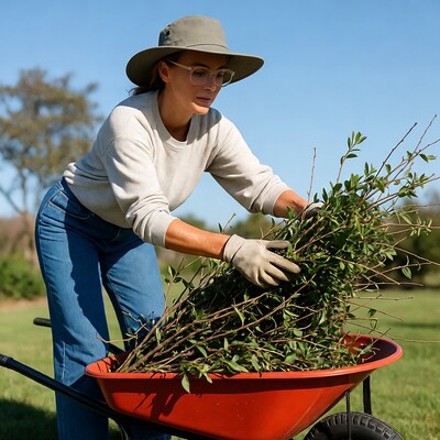 Woman loading branches into wheelbarrow